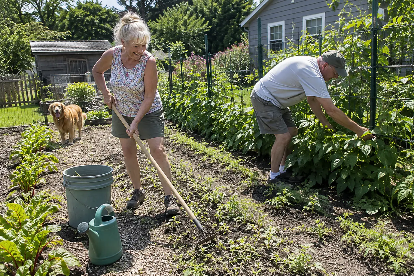 Older woman drawing a hoe through a row of small weeds in a vegetable garden.
