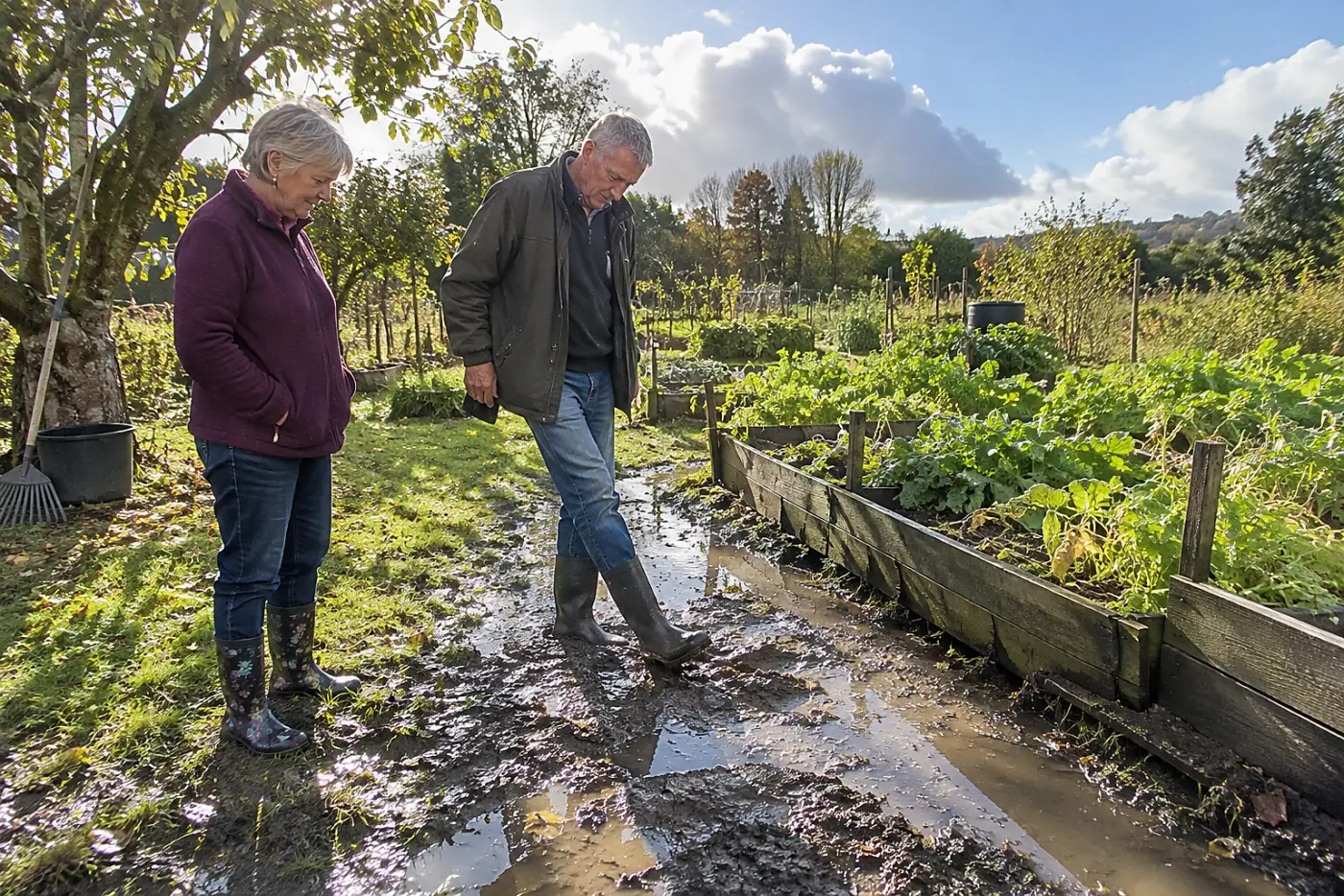 Older woman watching standing rainwater beside a garden bed.