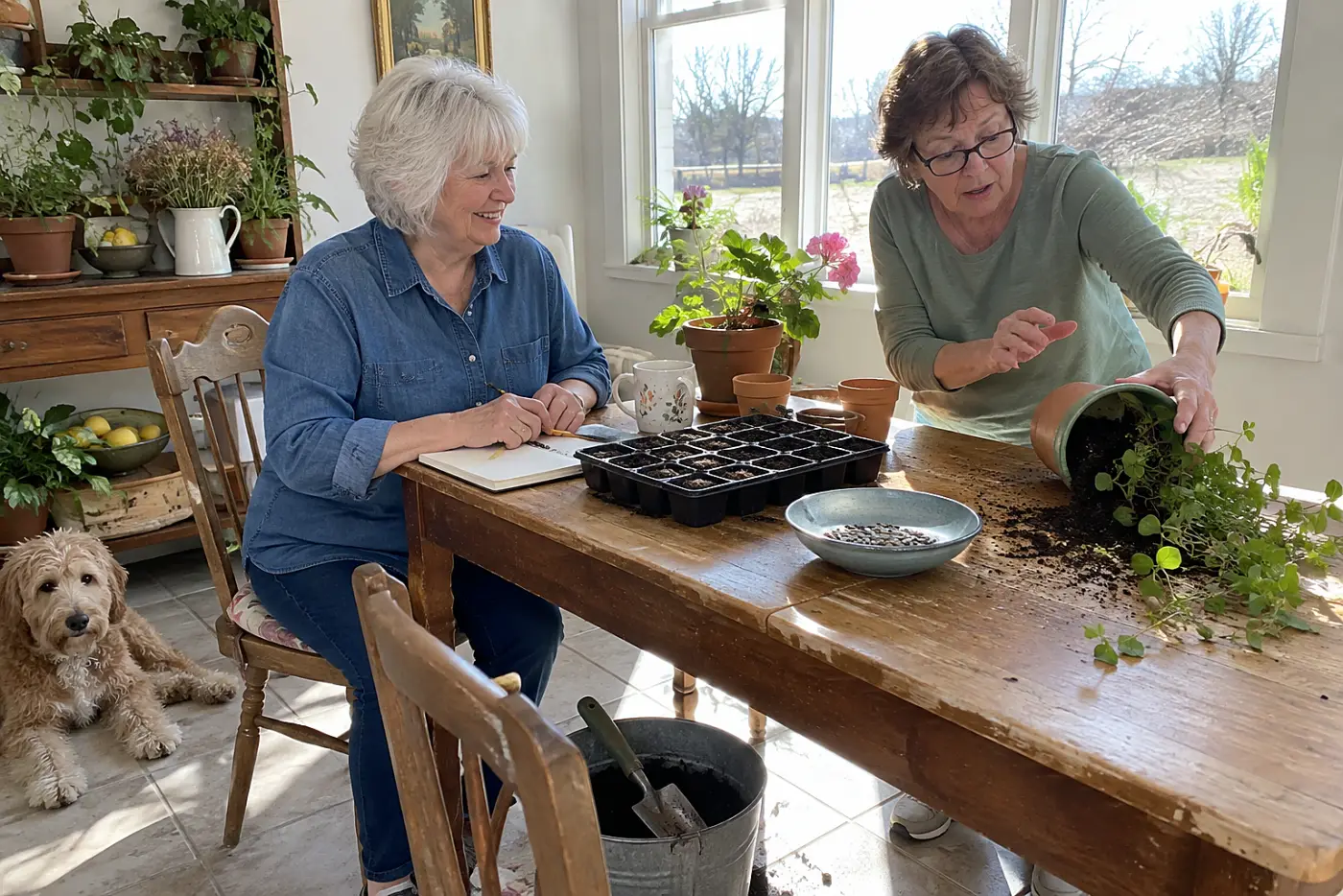 Older woman writing a planting date in a notebook beside a tray of seeds.