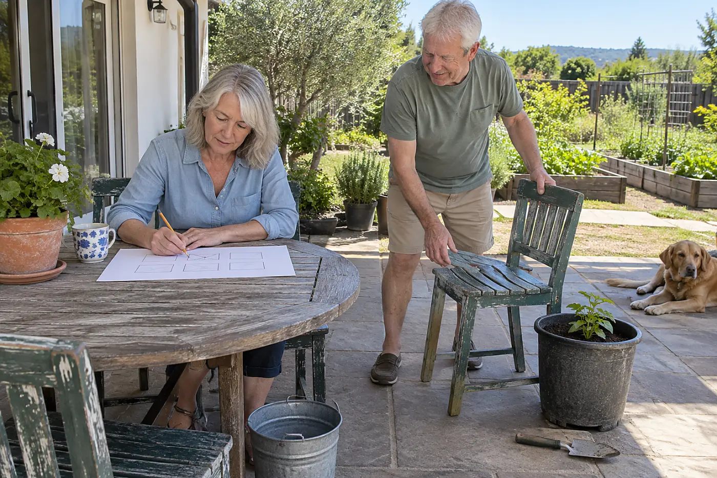 Older woman sketching vegetable beds in a notebook at her patio table.