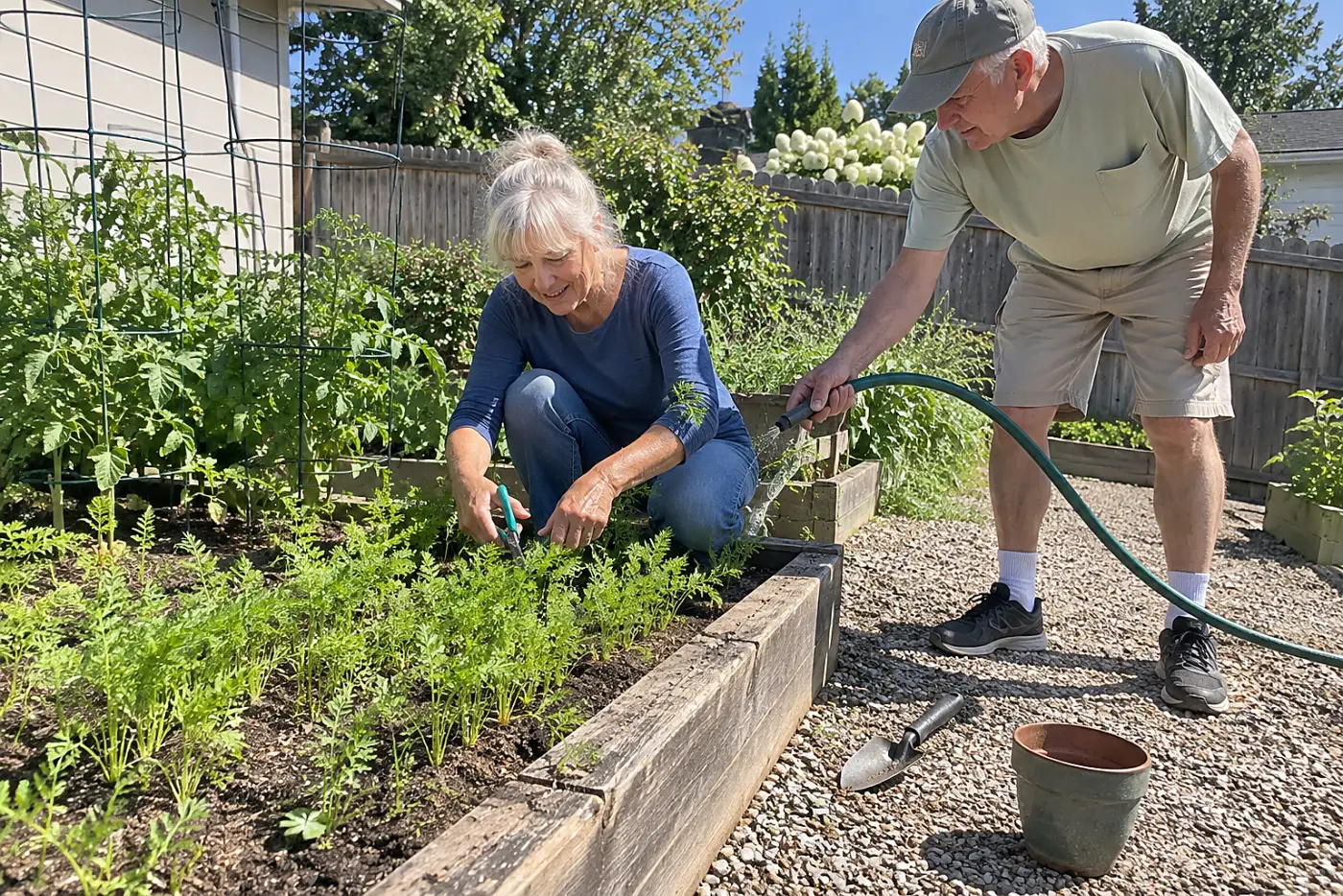 Older woman snipping extra carrot seedlings in a raised garden bed.