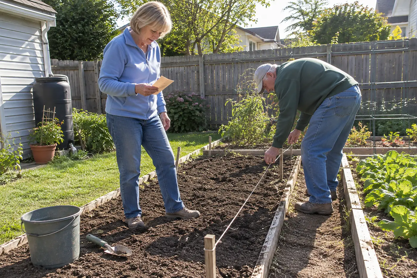 Older woman reading a seed packet beside a prepared garden row.