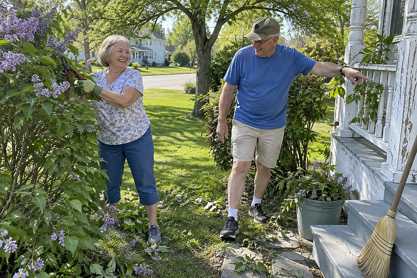 Older woman pruning a lilac shrub after flowering beside her porch.