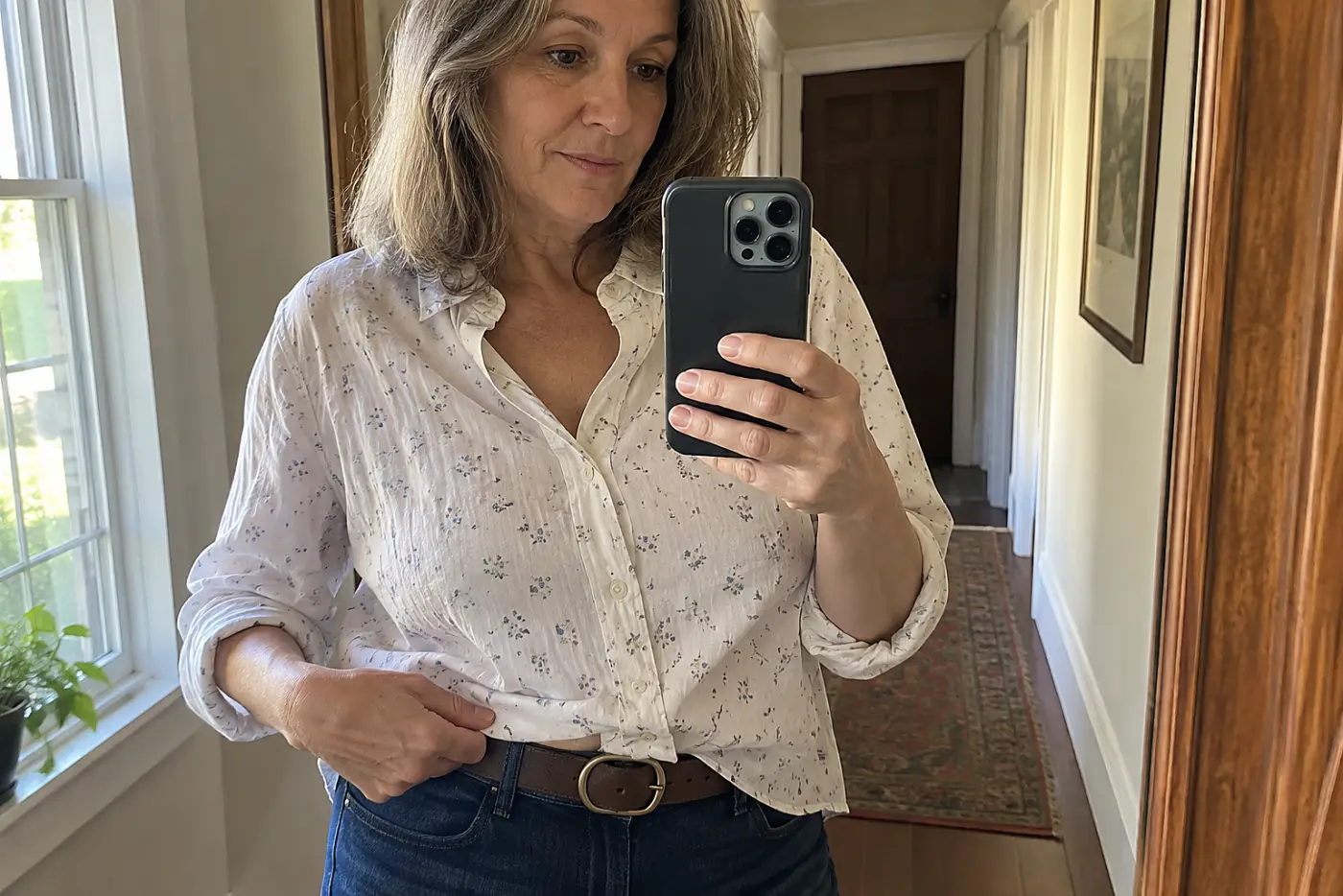 A woman over 50 adjusts her floral shirt and brown belt in a hallway mirror.