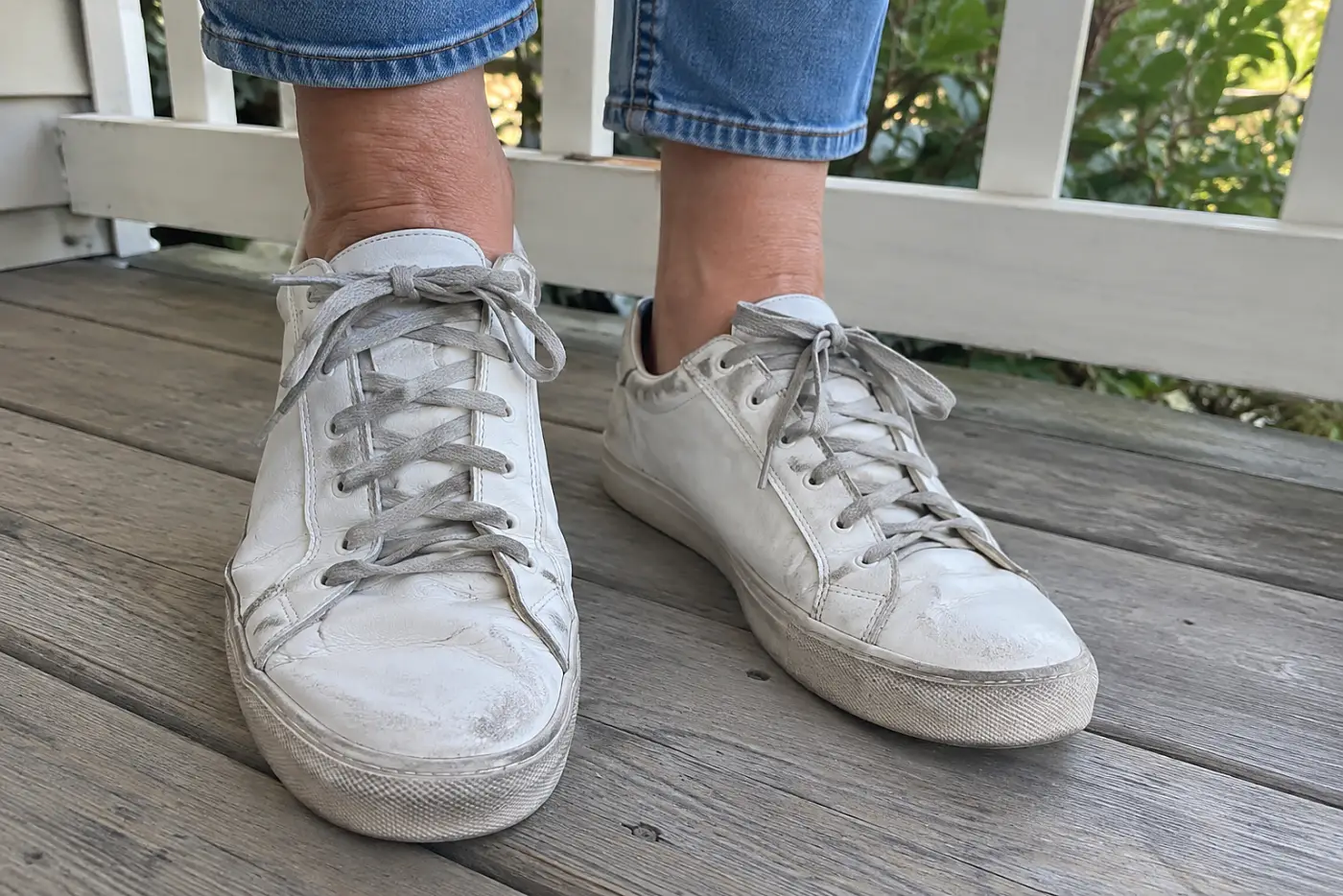 A woman in her fifties wears worn white sneakers with gray laces on a porch.