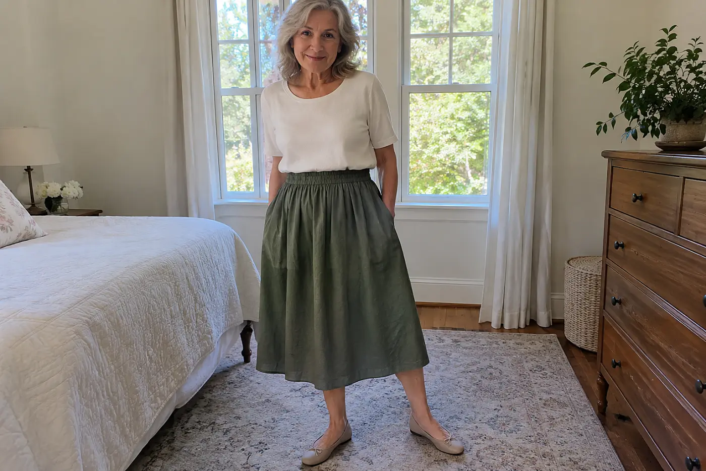 A woman in her sixties stands wearing a white shirt and olive green midcalf skirt.