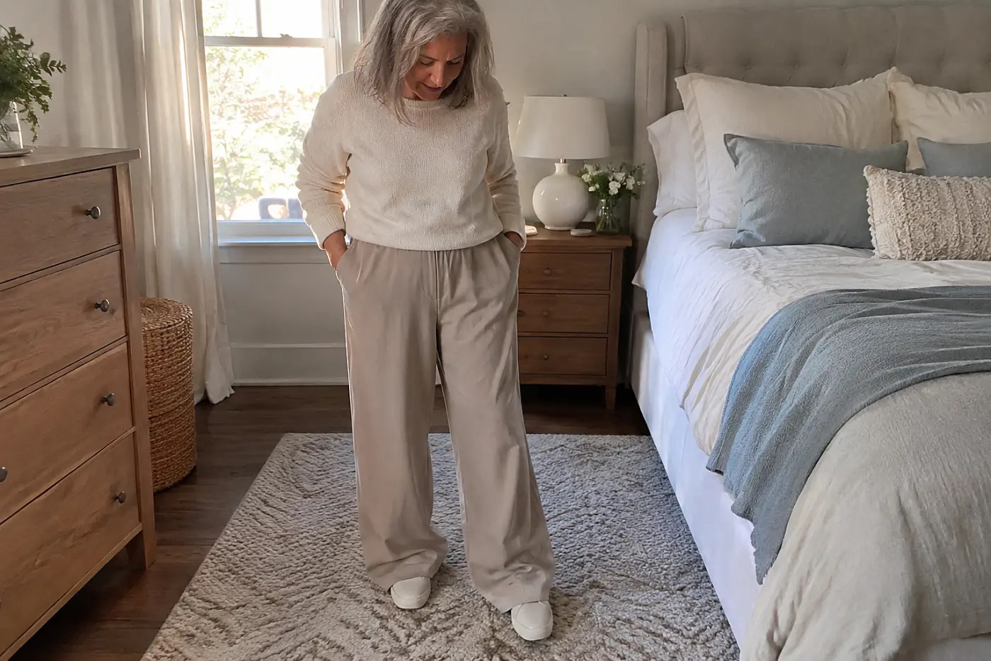 A woman in her sixties stands wearing beige pants that pool over her white shoes.