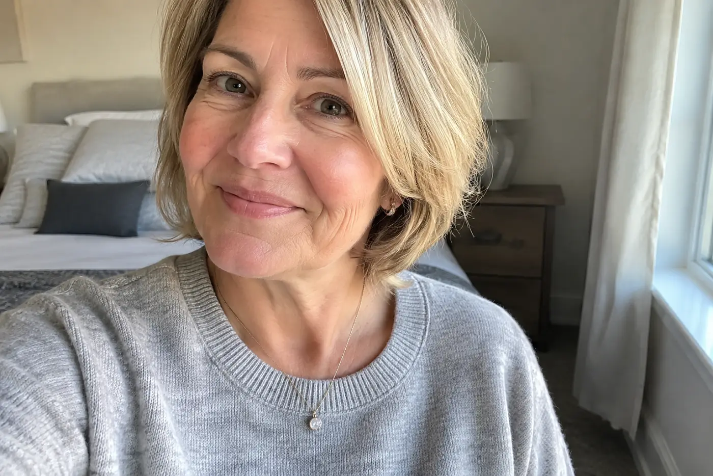 A woman over 50 wears a thin pendant necklace with a light grey crewneck sweater.