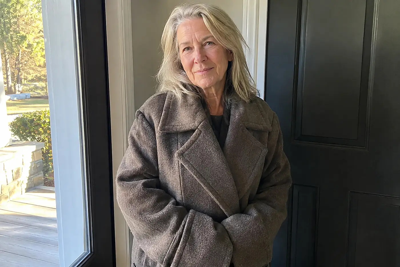 A woman in her sixties stands near a door wearing a brown coat covering her hands.