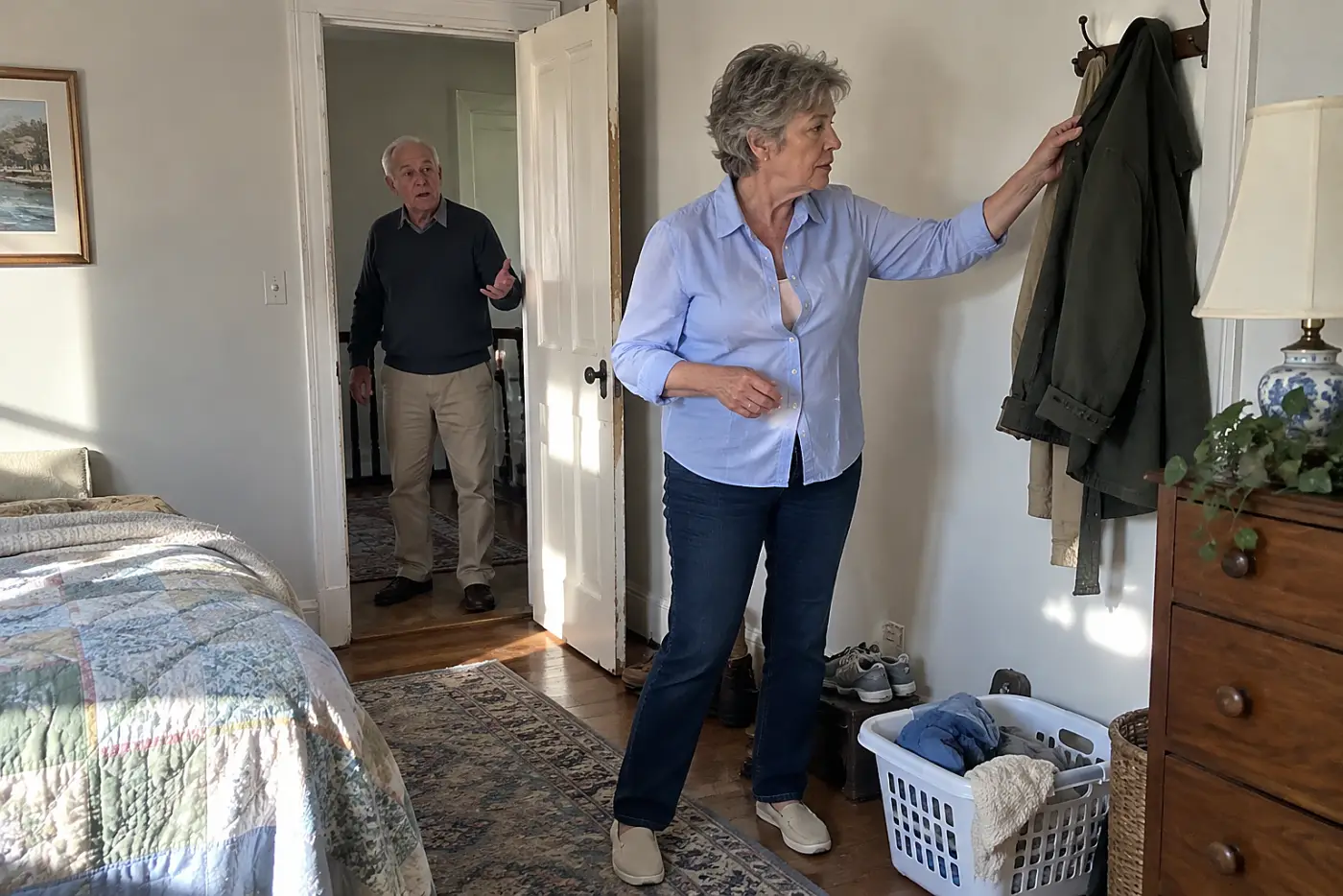 A woman in her sixties wearing a gaping light blue blouse reaches for a coat.
