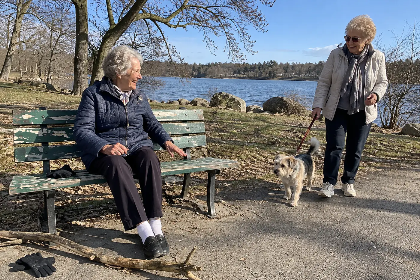 An older woman sitting on a park bench shows white socks above her dark loafers.