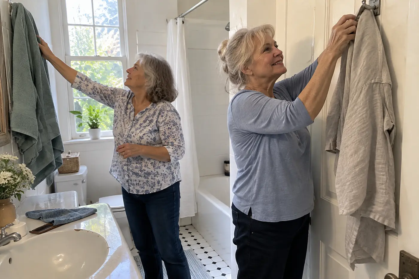 A woman in her sixties hangs a creased linen shirt on a bathroom door hook.