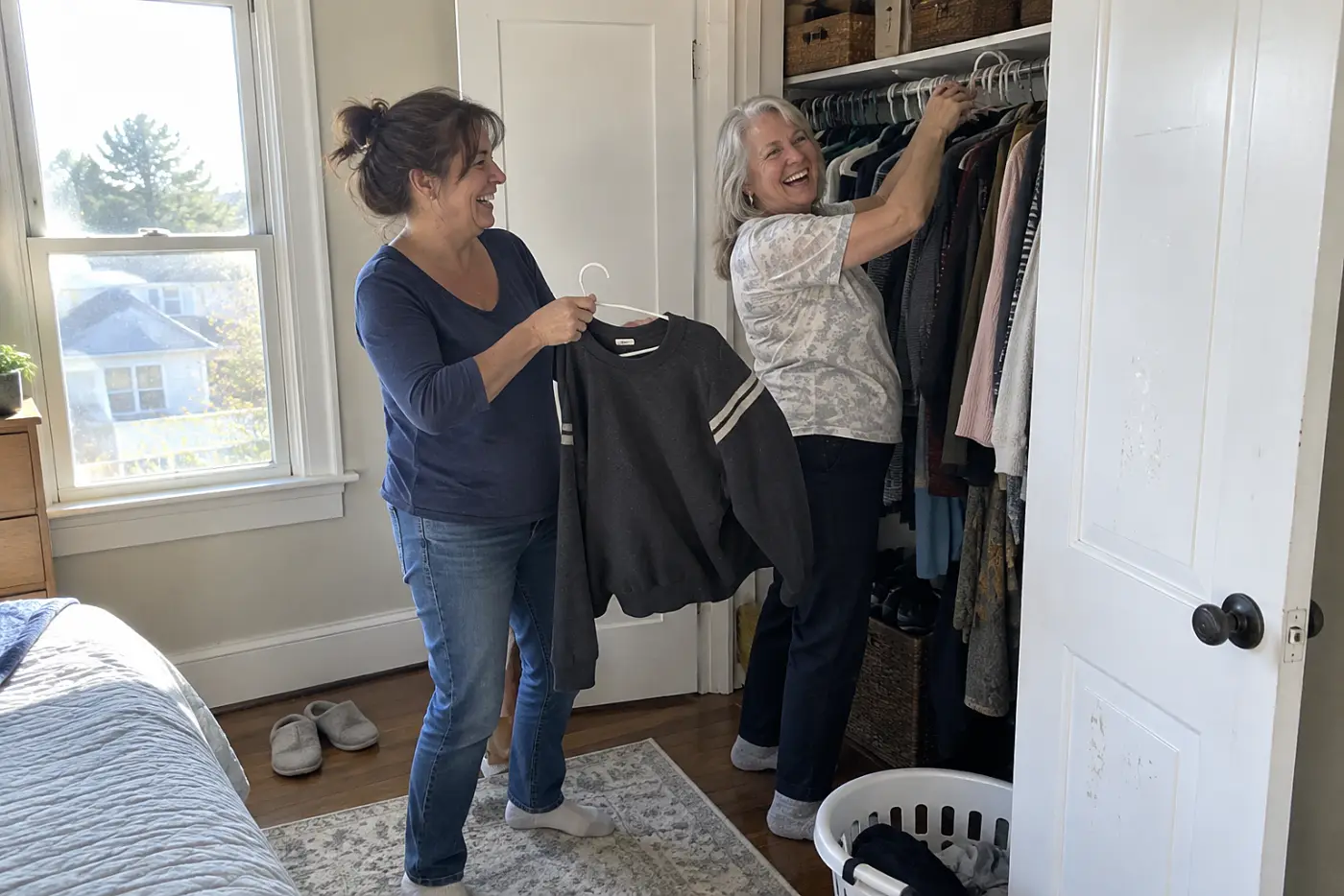 A woman holds up a dark sweater with shoulder stripes beside an open closet.