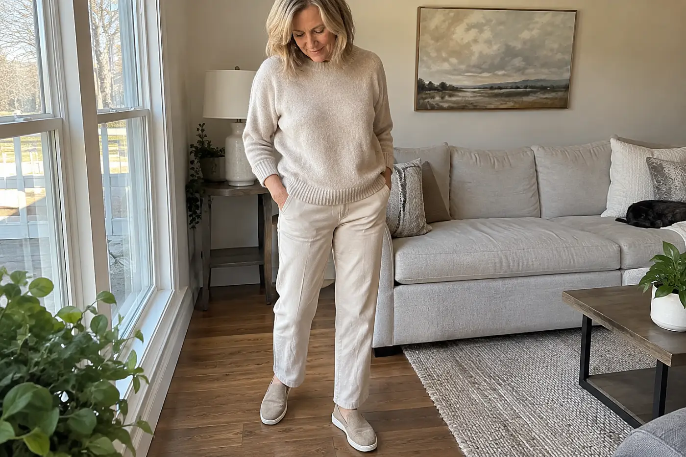 A woman over 50 wears a beige sweater, beige pants, and beige shoes.