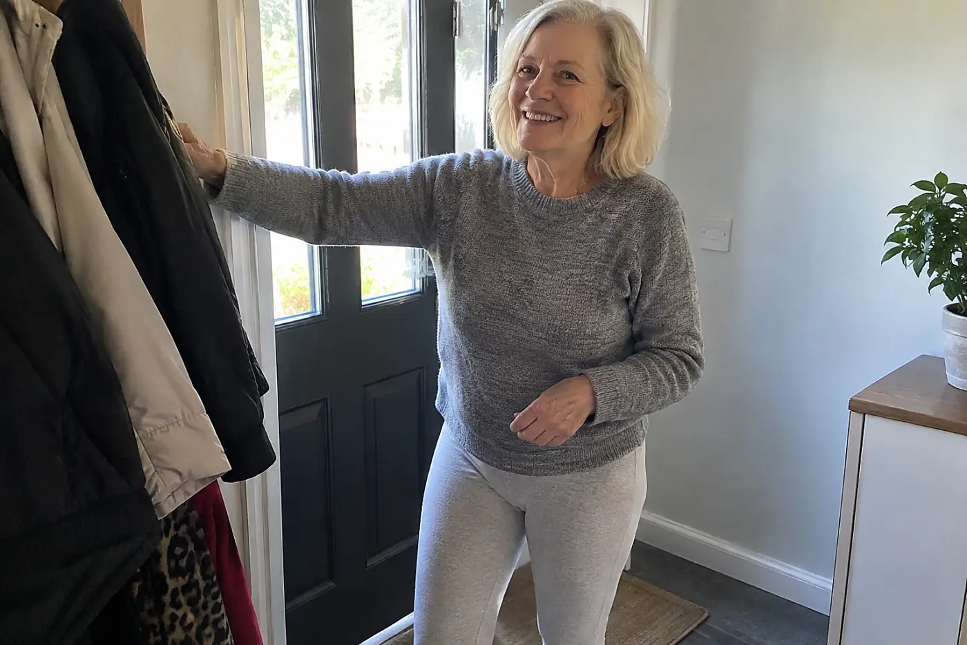 A woman in her sixties wearing grey leggings and a grey sweater reaches for a coat.