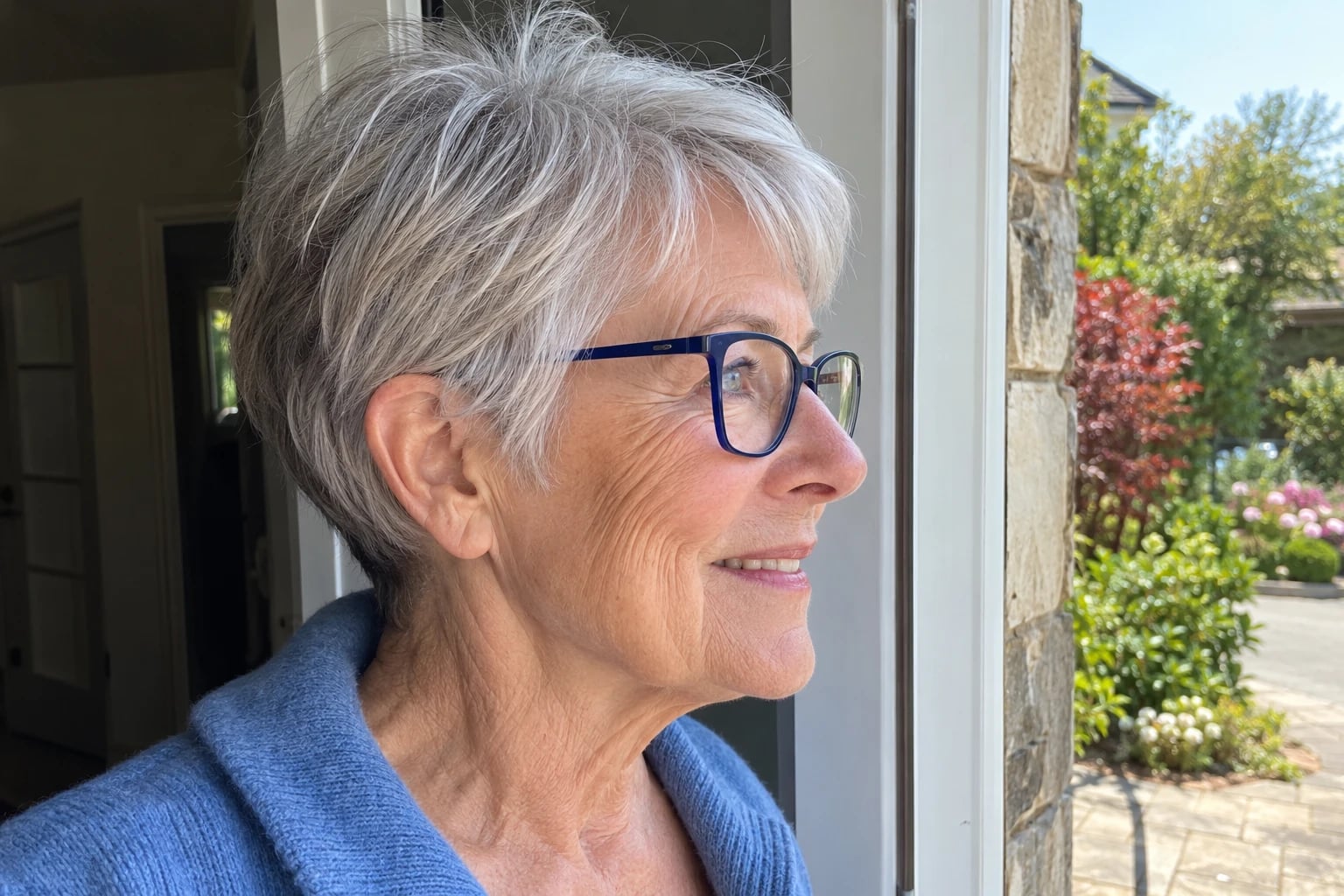 A woman in her sixties with a silver pixie cut and navy rounded glasses smiles in her doorway.
