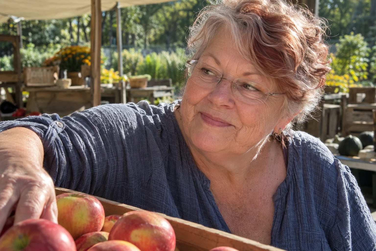 A woman in her sixties with a wavy auburn pixie and rimless glasses smiles beside a crate of apples at a market.