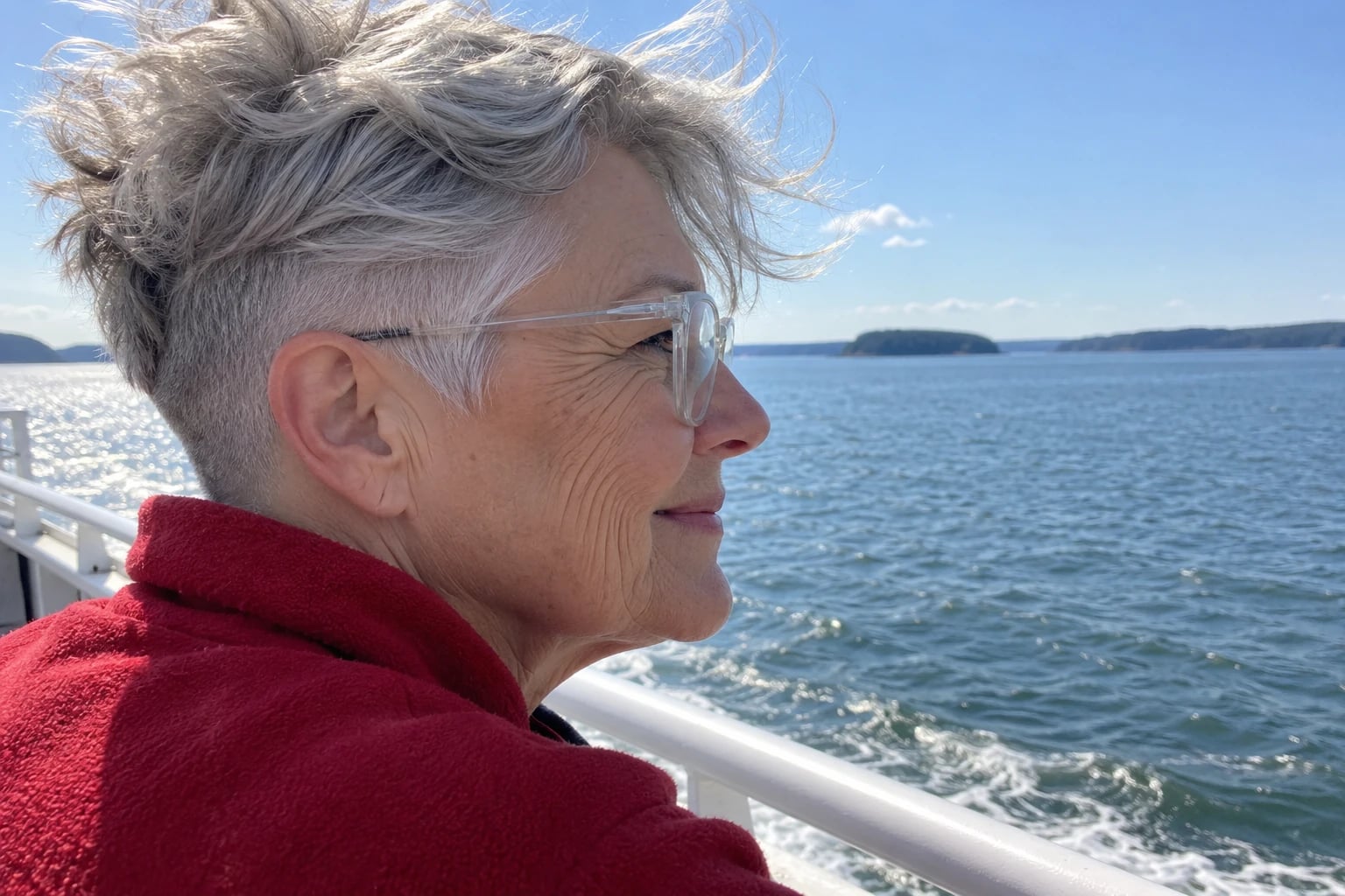 A woman in her sixties with a windblown silver undercut pixie and clear glasses gazes over the water from a ferry.