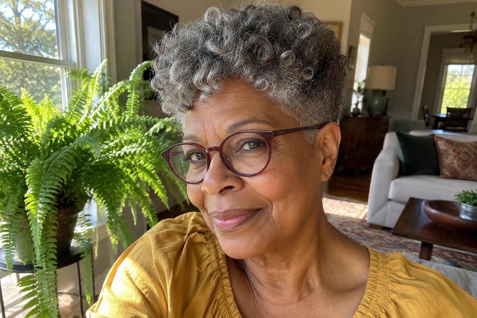 A Black woman in her sixties smiles in a mustard blouse, her curly gray pixie and burgundy glasses beside a fern.