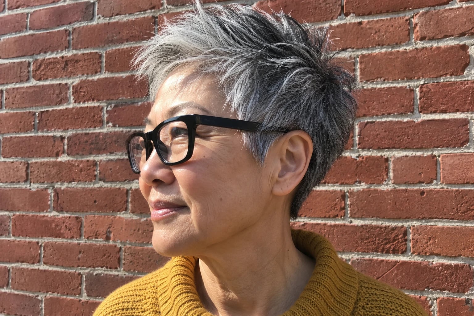 A woman in her sixties wears a spiky grey pixie cut and black rectangular glasses against a brick wall.