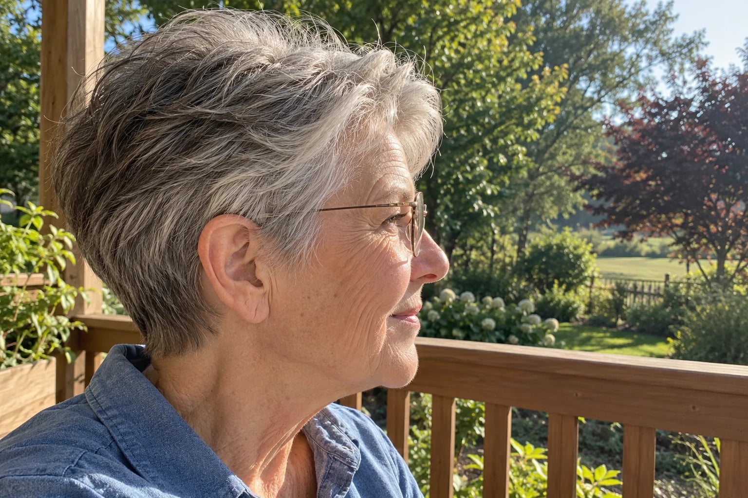 A woman in her sixties with a salt-and-pepper tapered pixie and gold wire glasses gazes across a sunny wooden porch.