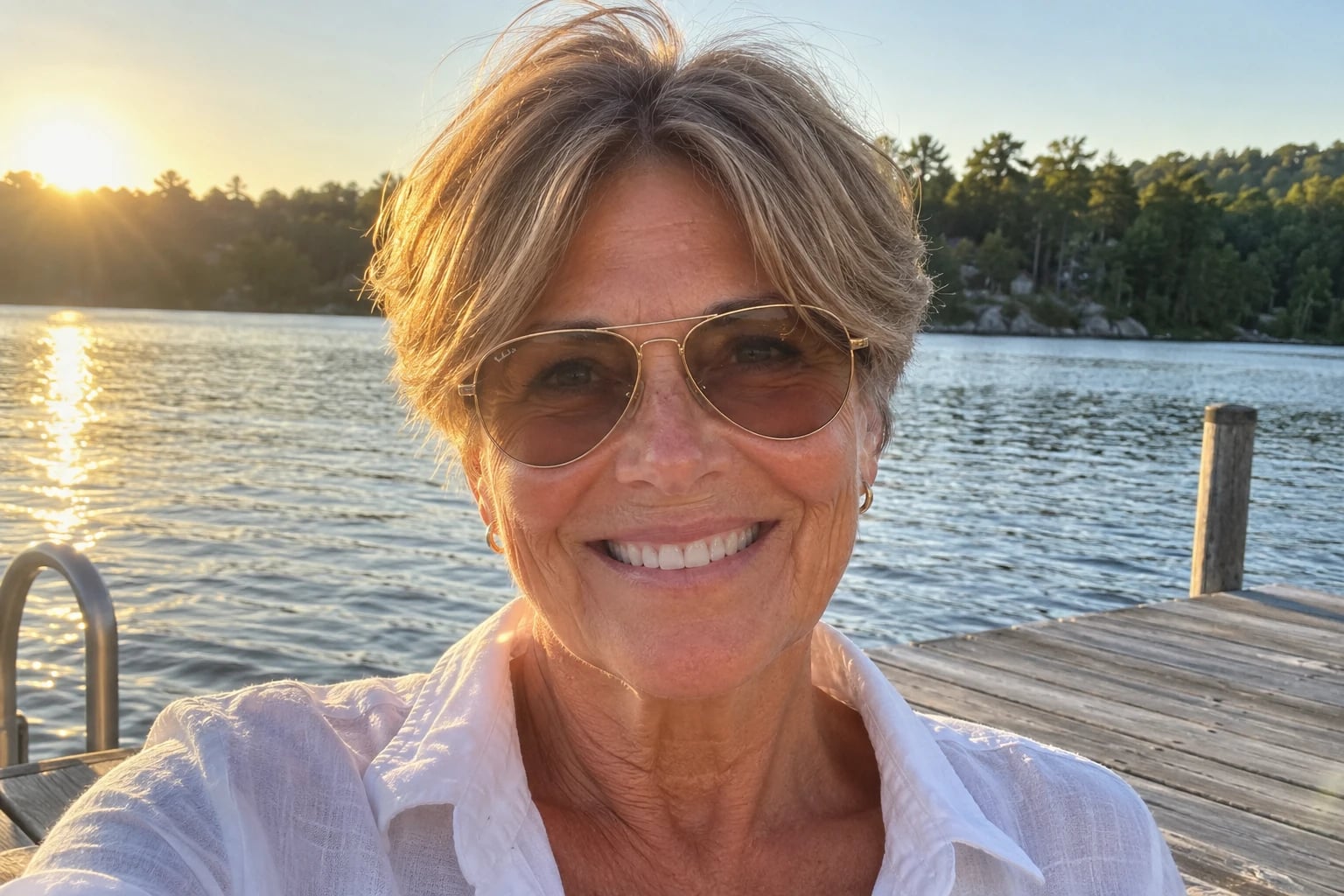 A woman in her sixties with a tousled pixie and gold aviator glasses smiles on a lakeside dock at sunset.