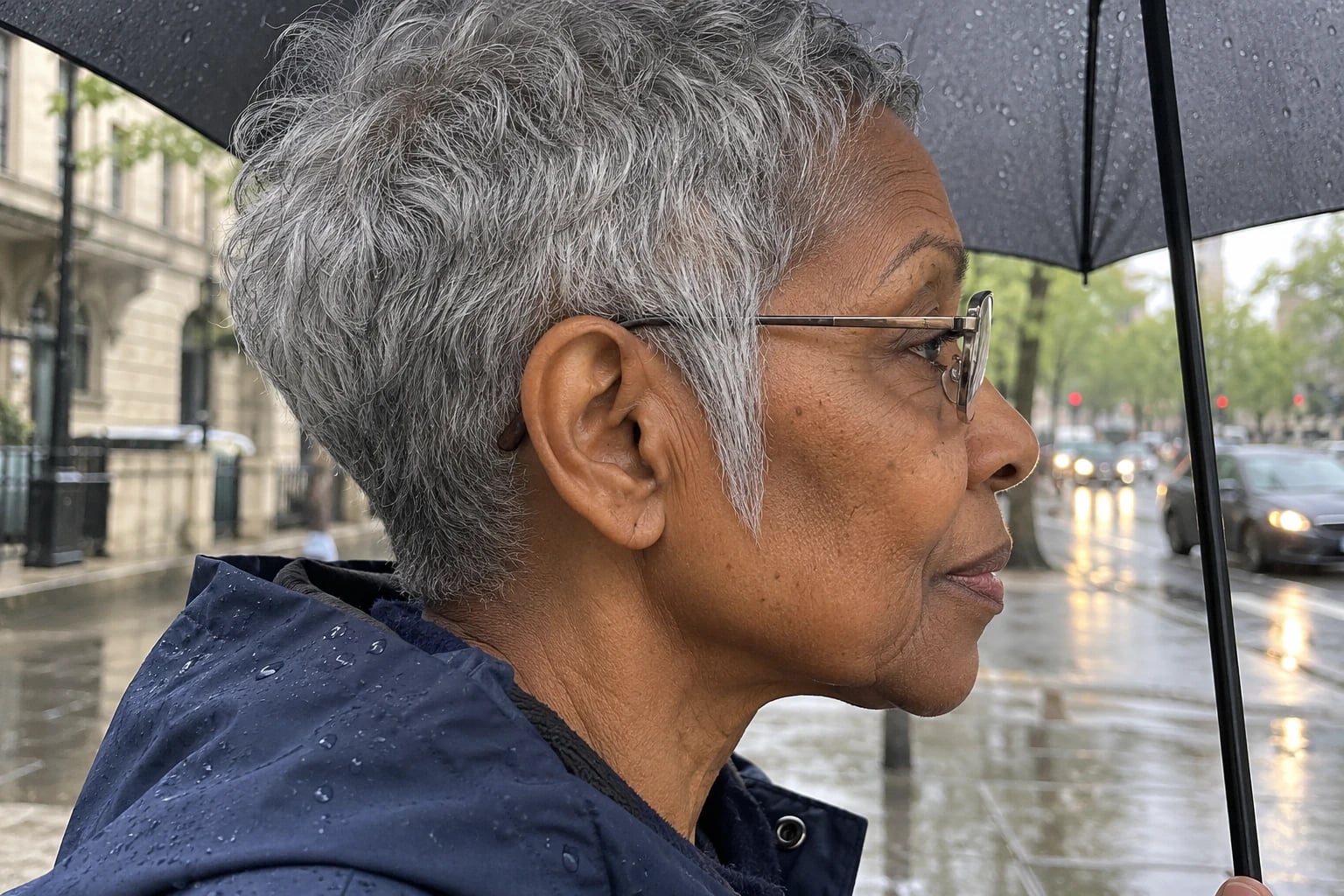 A woman in her sixties with a grey pixie cut and wire-rimmed glasses holds a black umbrella on a rainy street.