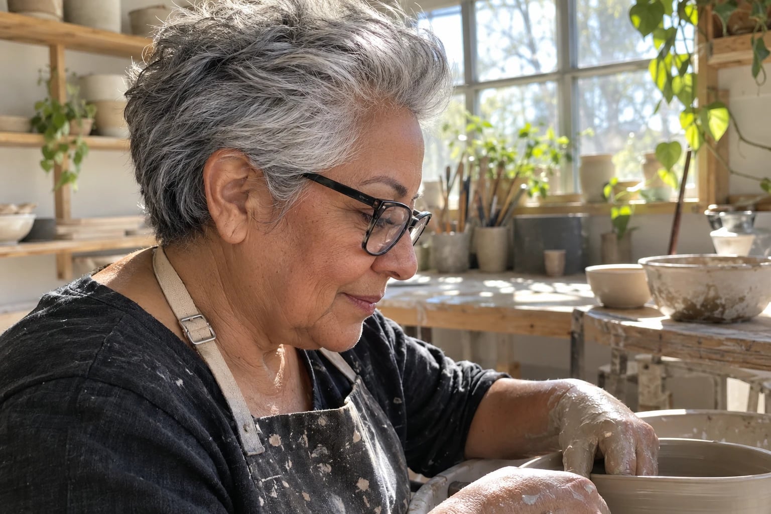 A woman in her sixties with a silver swept-back pixie and black glasses shapes clay on a pottery wheel.