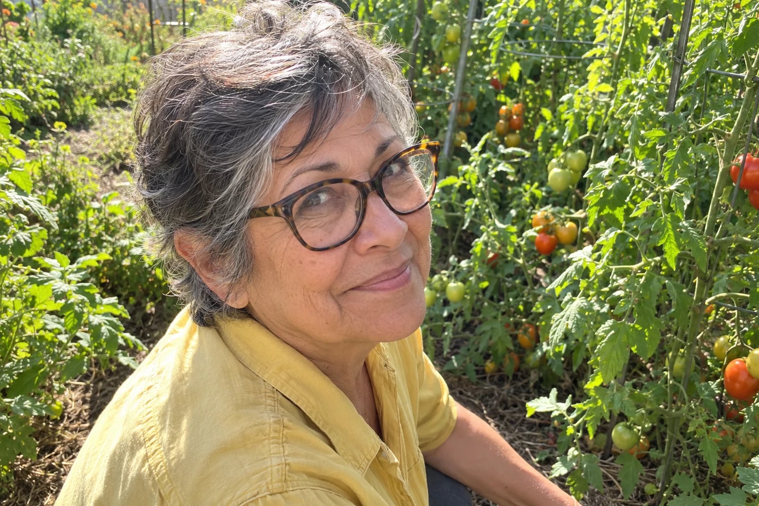A woman in her sixties with a salt-and-pepper shaggy pixie and tortoiseshell glasses smiles among ripening tomato vines.