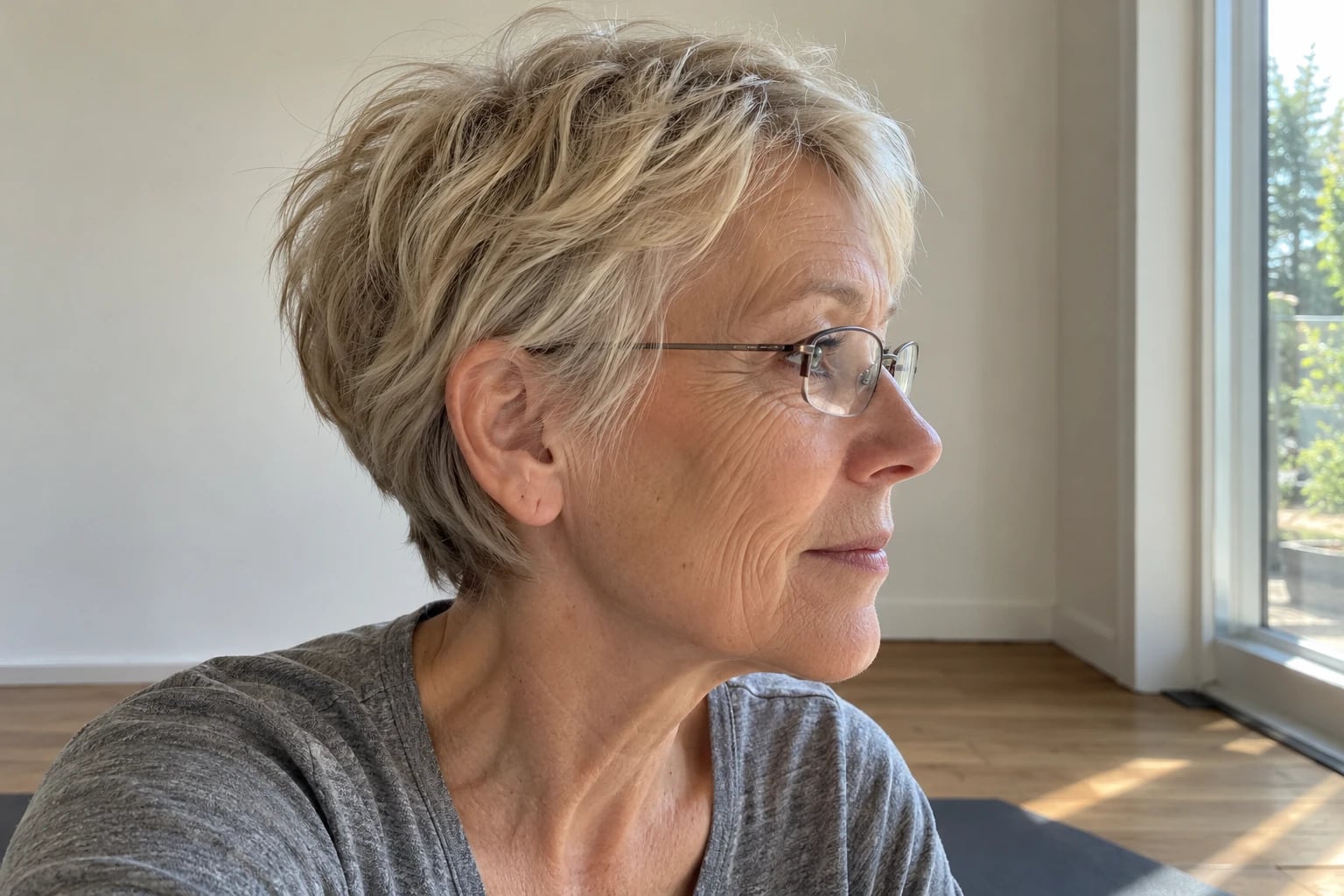 A woman in her sixties shows a blonde pixie with wispy layers and thin wire glasses by a window.