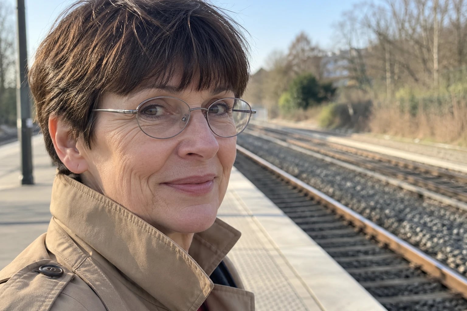 A woman in her sixties with a dark brown pixie and straight fringe waits on a railway platform in round silver glasses.