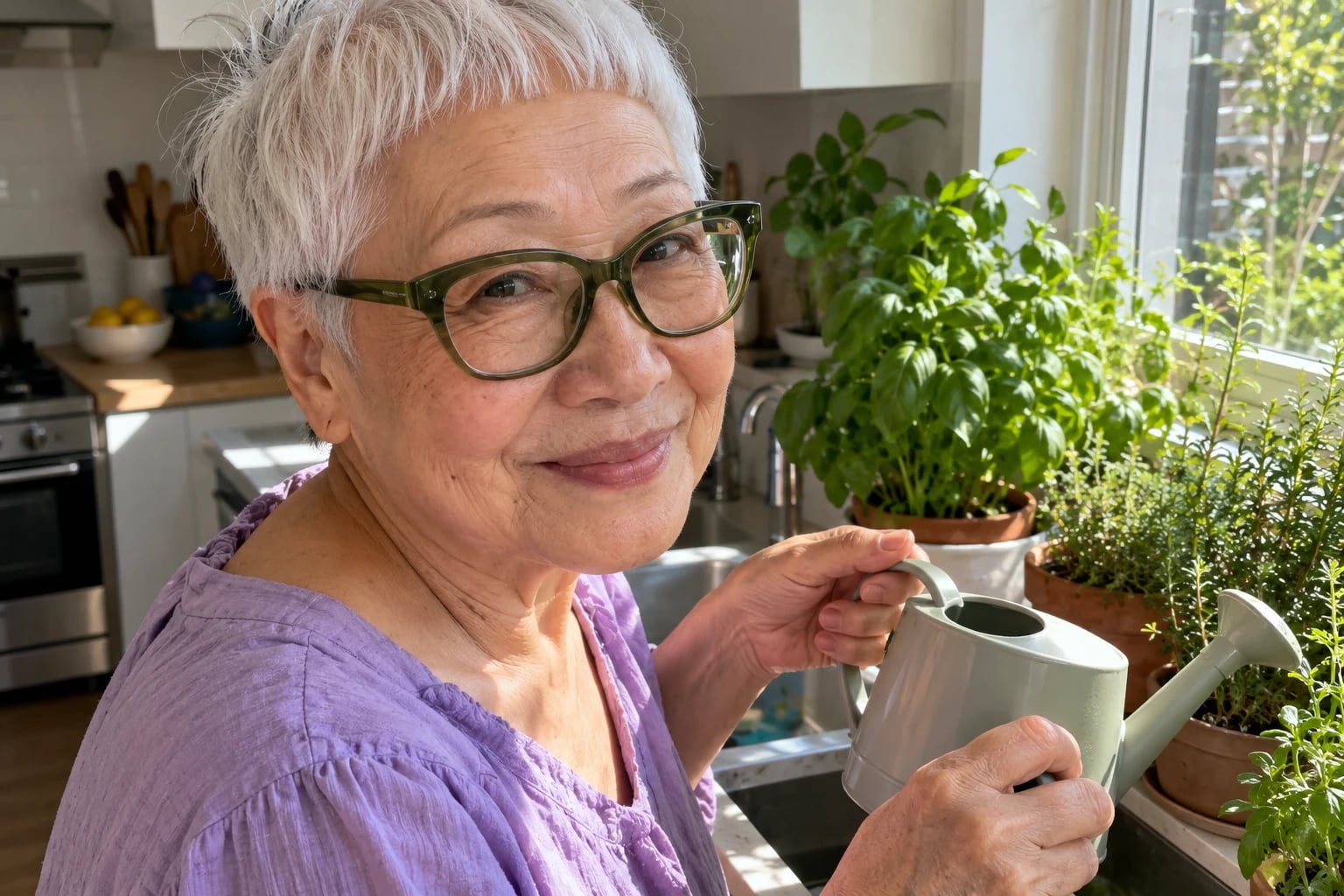 A woman in her sixties with a white pixie cut and green glasses waters potted herbs by a sunny window.