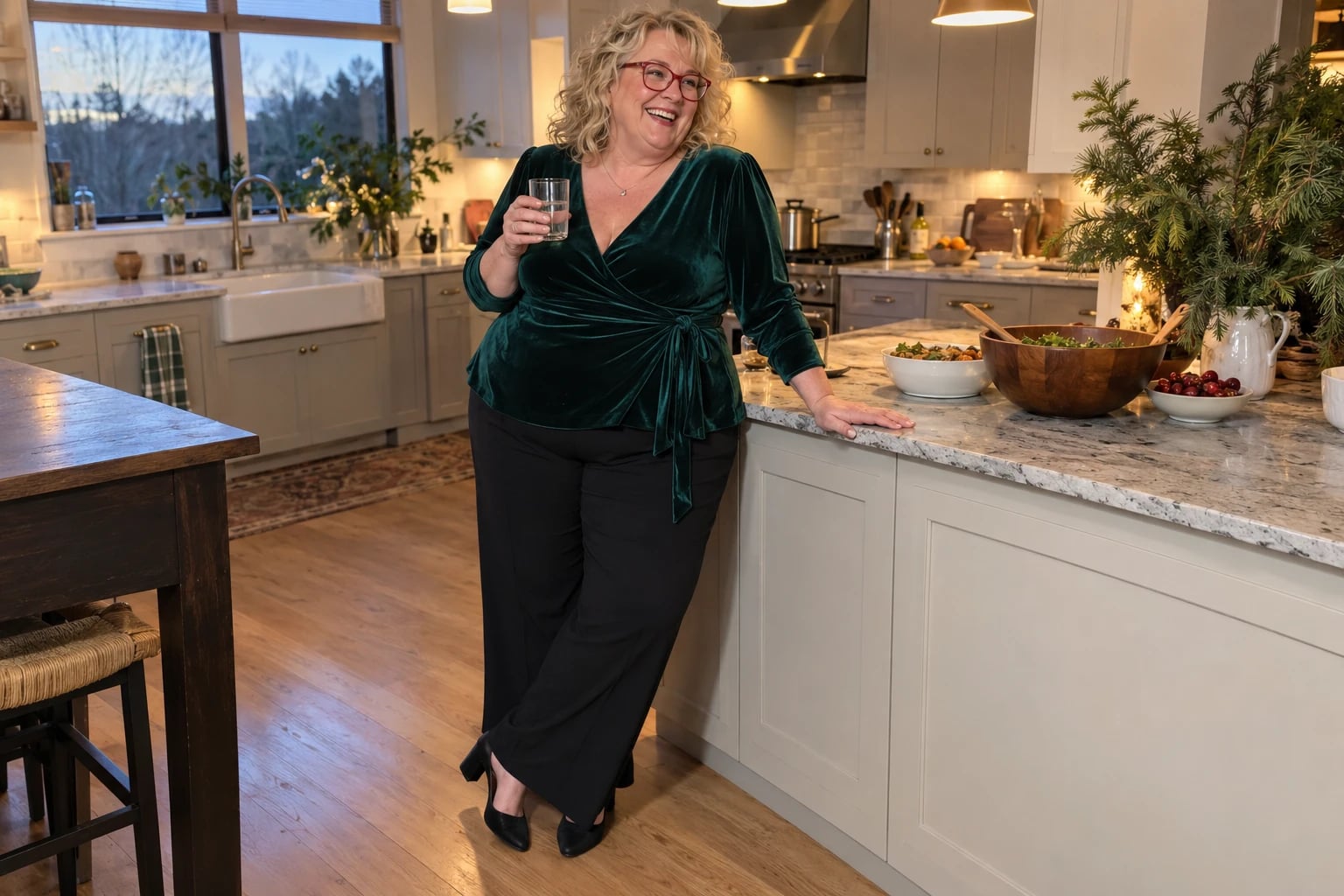 A plus-size woman in her fifties laughs in a kitchen, wearing an emerald velvet wrap top and black pants.