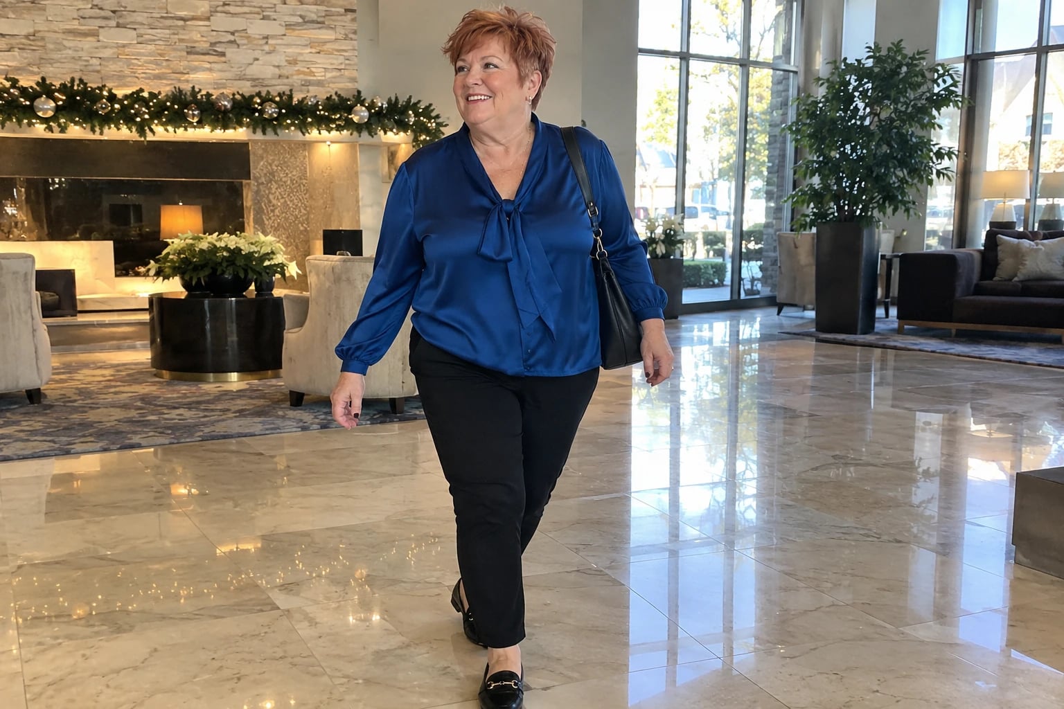 A plus-size woman in her fifties walks across a hotel lobby in a sapphire bow-tied blouse, black pants and loafers.