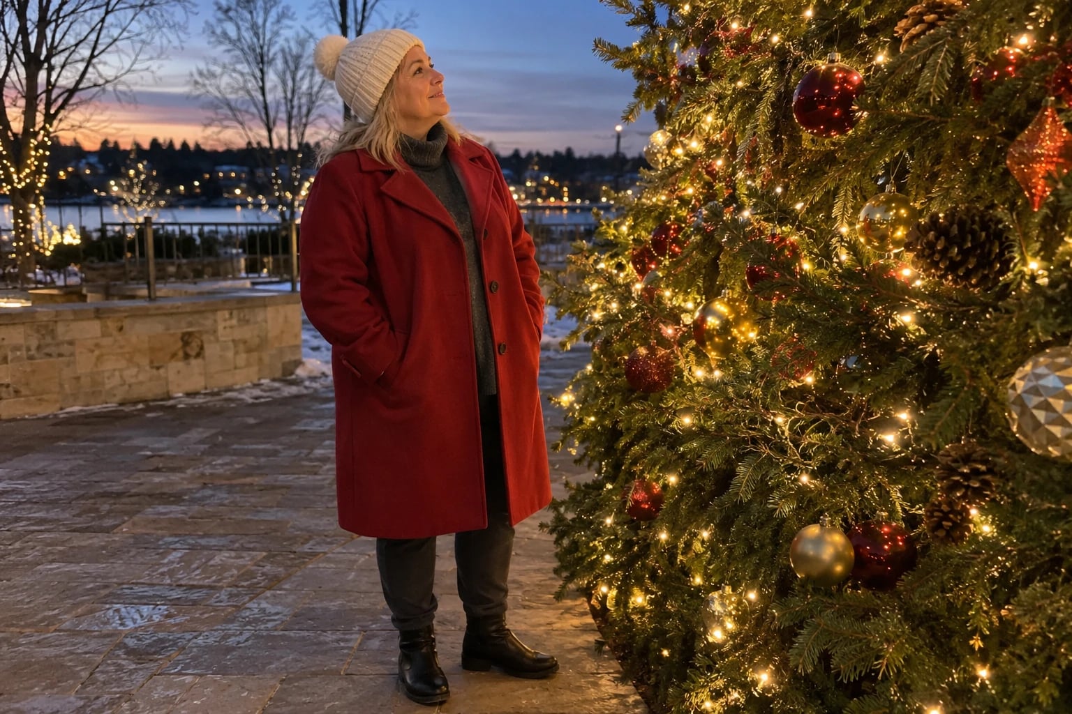 A woman over 50 in a cream pom-pom hat and long red coat smiles up at a lit Christmas tree.