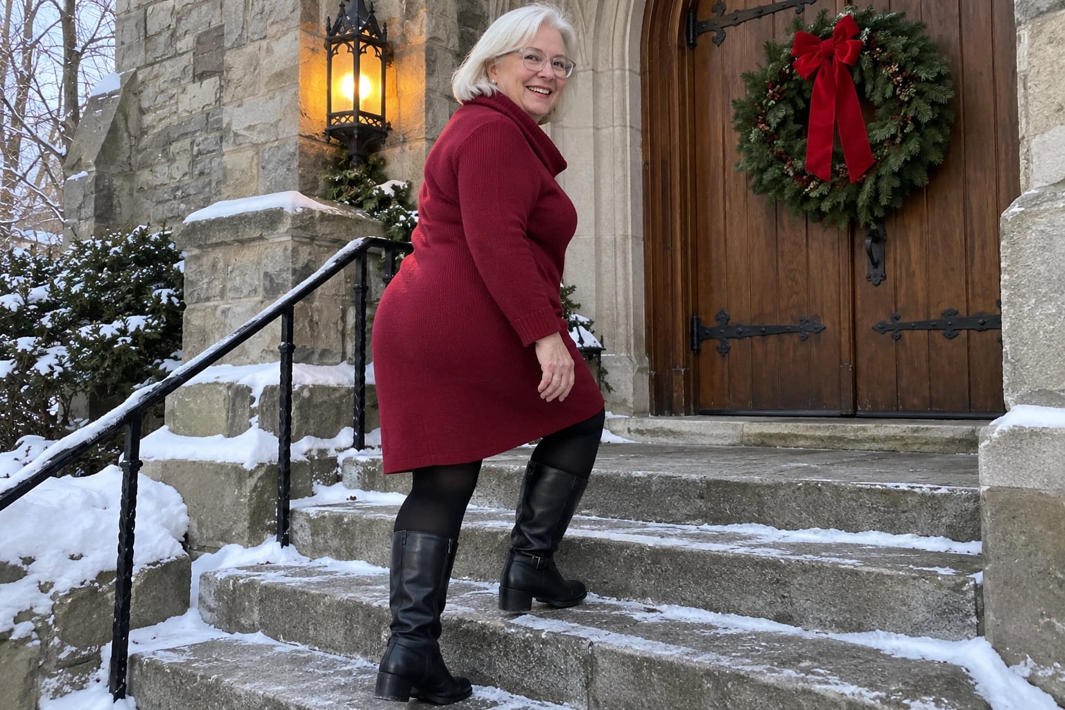 A plus-size woman in her sixties climbs snowy church steps in a cranberry cowl-neck sweater dress and black knee boots.