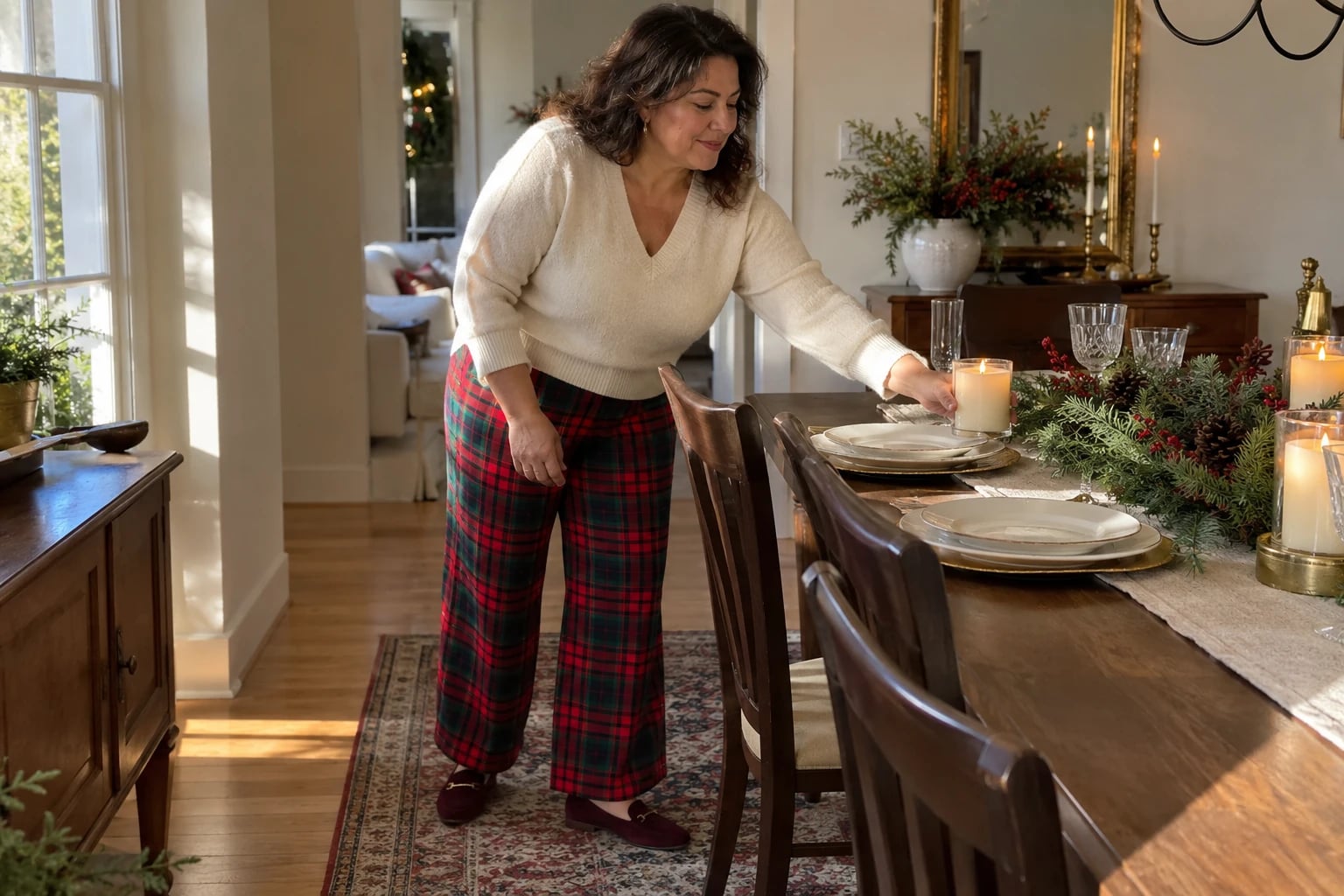 A woman in her fifties places a candle on a holiday table wearing red tartan pants and an ivory sweater.