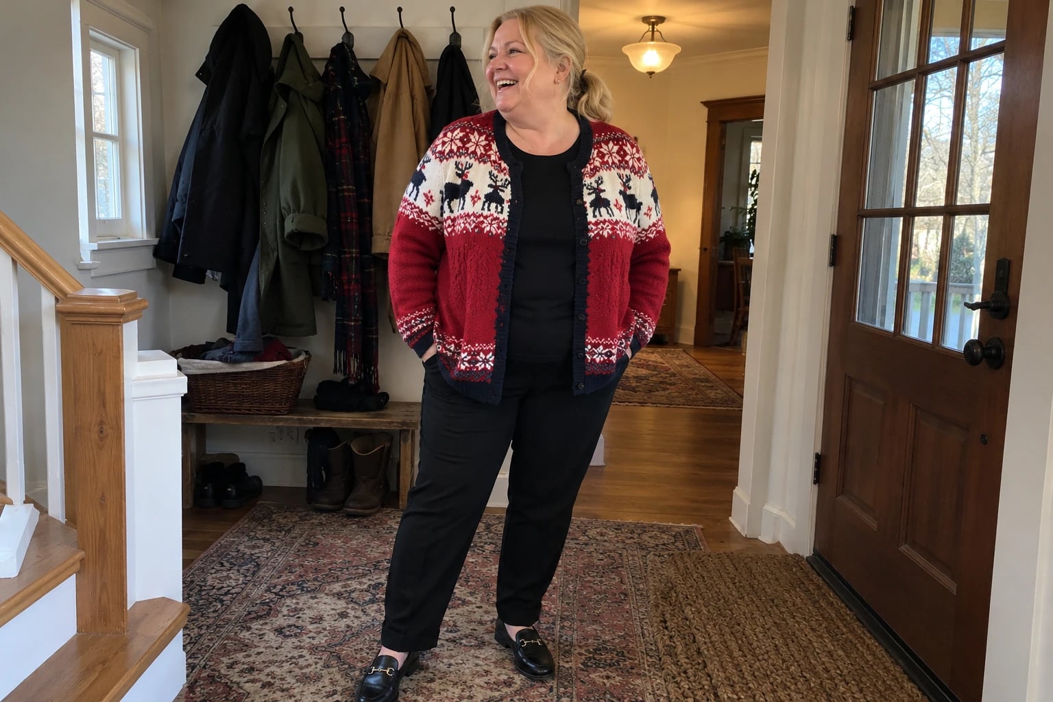 A plus-size woman laughs in a front hallway wearing a red Fair Isle reindeer cardigan with black pants.