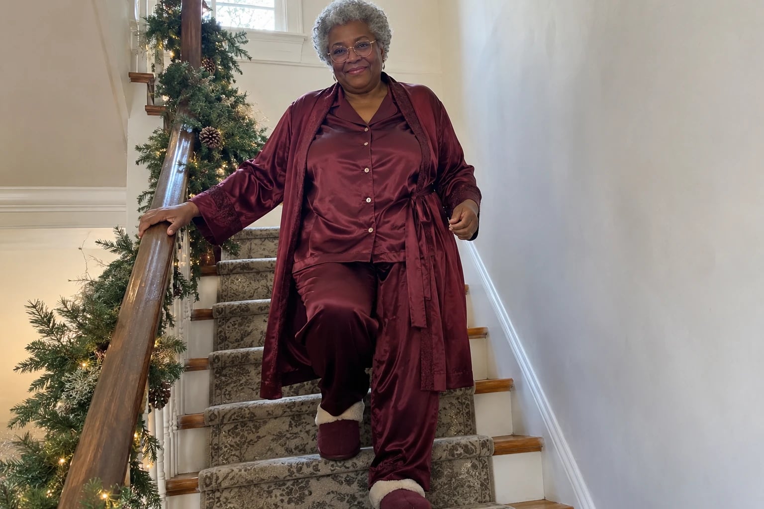 A plus-size woman in her sixties descends a staircase in a wine satin pajama set and matching robe.