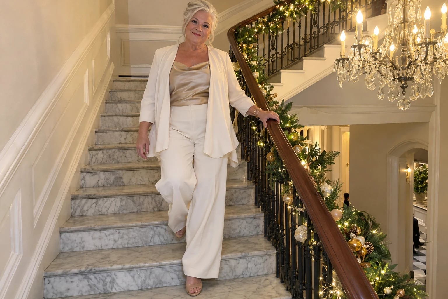 A plus-size woman in her sixties descends a marble staircase in an ivory jacket, gold shell and nude heels.