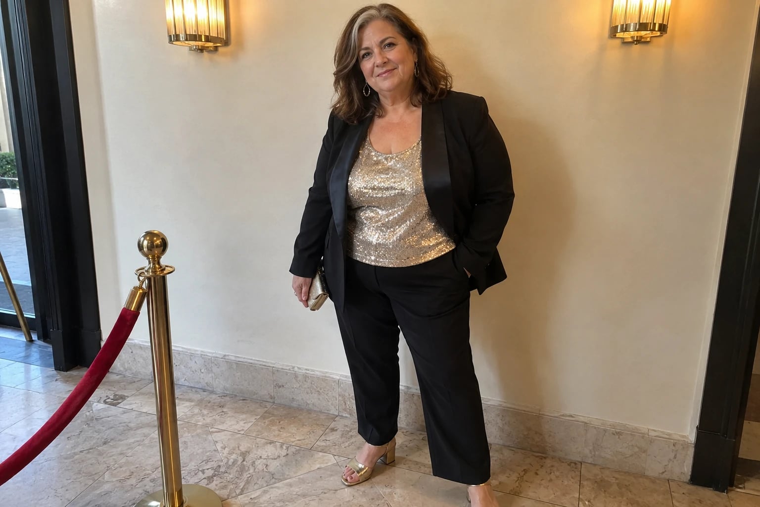 A plus-size woman over 50 stands by a velvet rope in a gold sequin shell and black tuxedo jacket.
