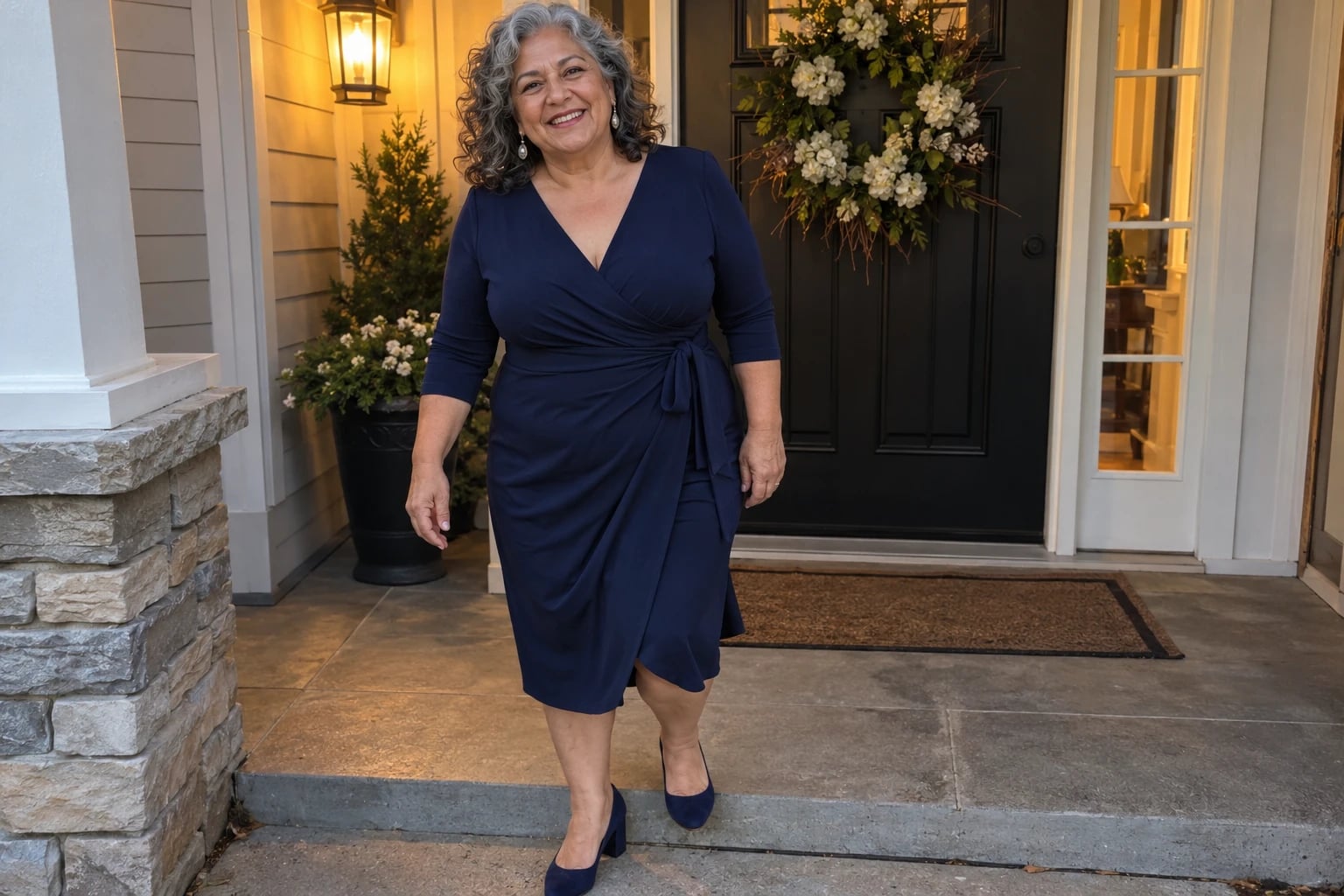 A woman in her sixties smiles on a lamp-lit porch wearing a navy wrap dress and block-heel pumps.