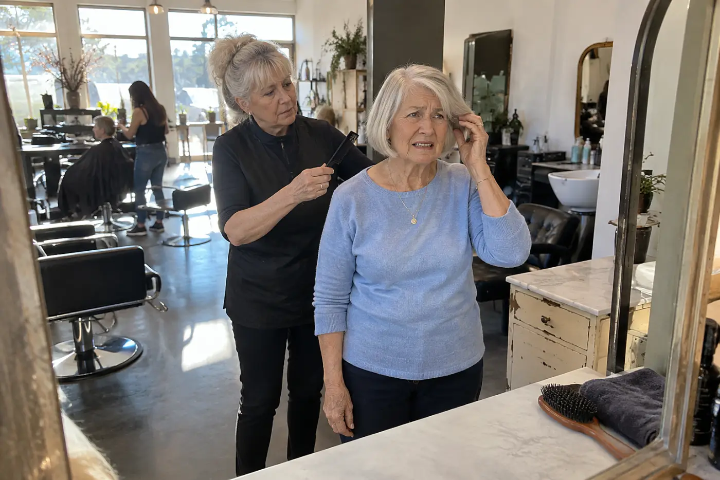 A woman in her 70s touches the front edge of her bob while standing before a salon mirror.