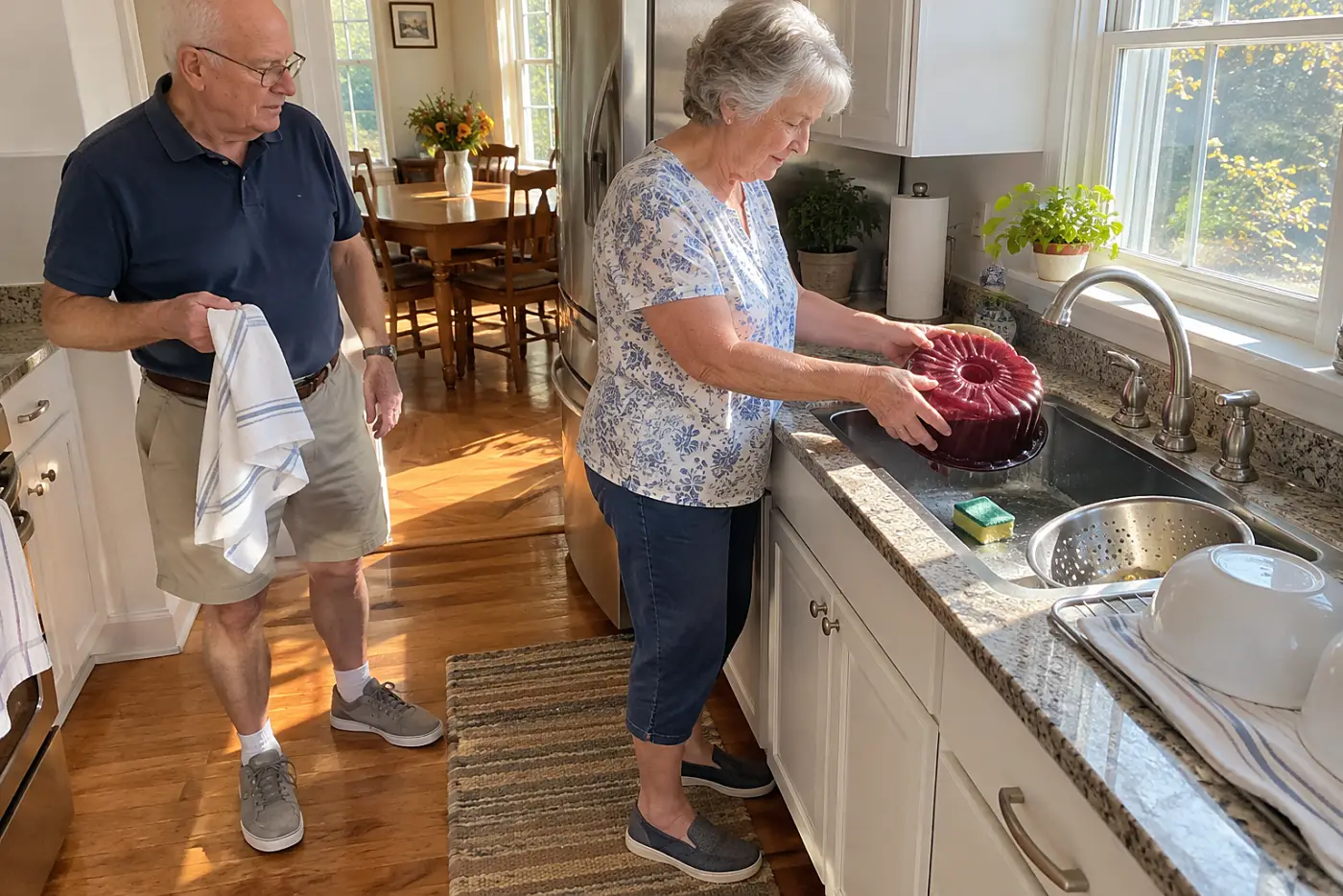 An older woman dips the bottom of a gelatin mold into warm water at a kitchen sink.