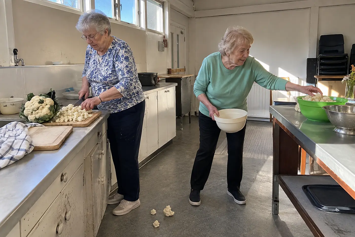 An older woman chops cauliflower into small pieces at a community hall counter.