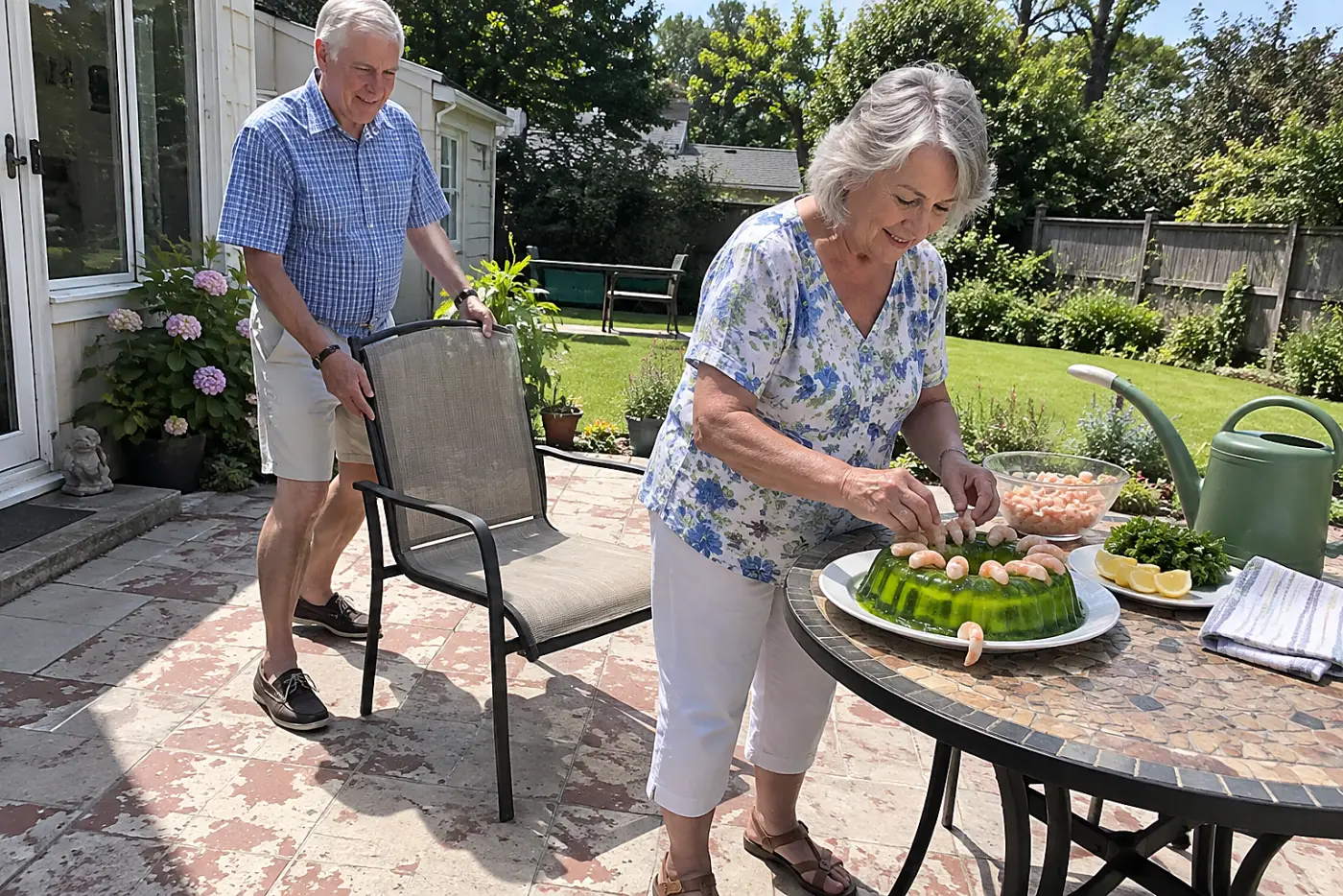 An older woman tops a lime gelatin mold with shrimp on a backyard patio.