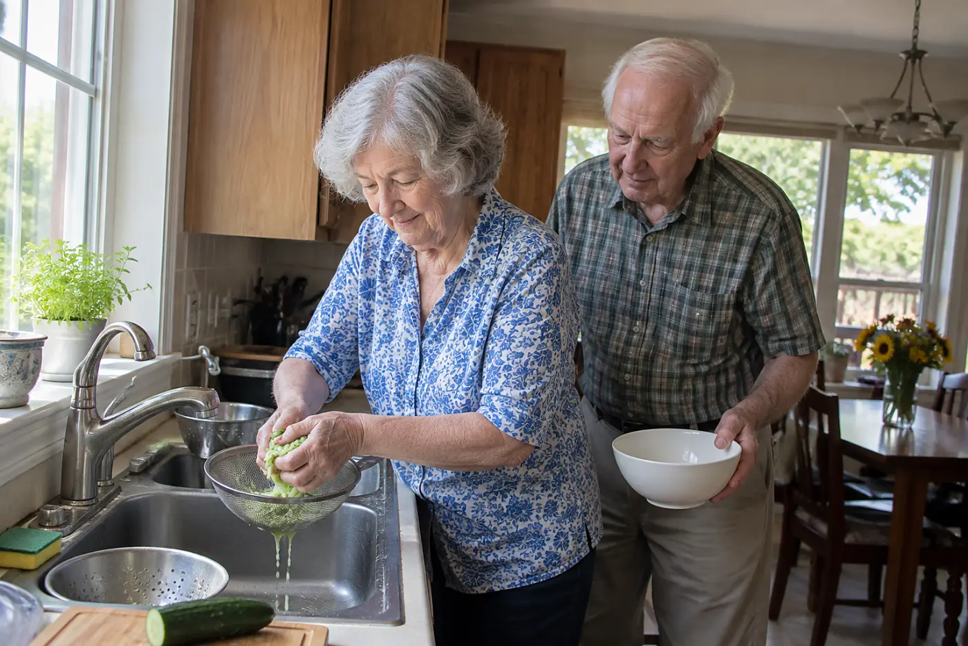 An older woman squeezes grated cucumber in a strainer at a kitchen sink.