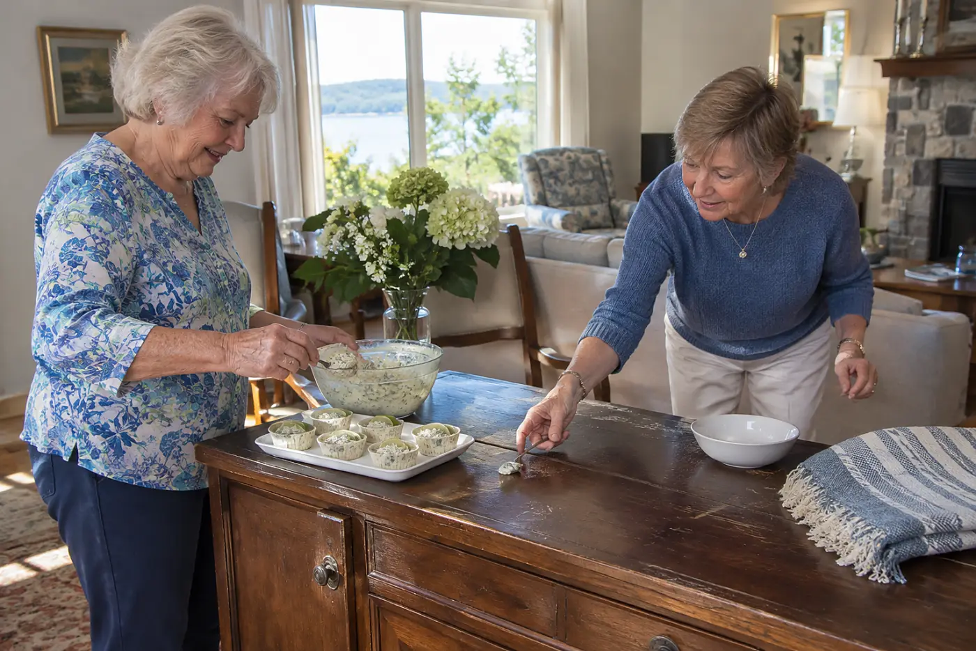 An older woman spoons creamy lime salad into small molds at a family room sideboard.