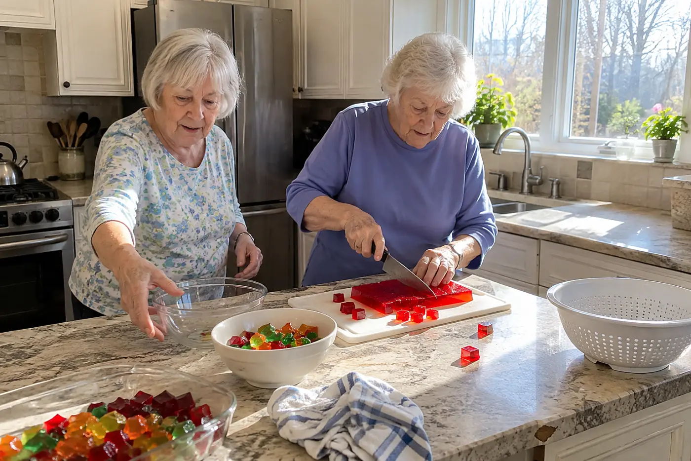 An older woman cuts colored gelatin into cubes at a kitchen counter.