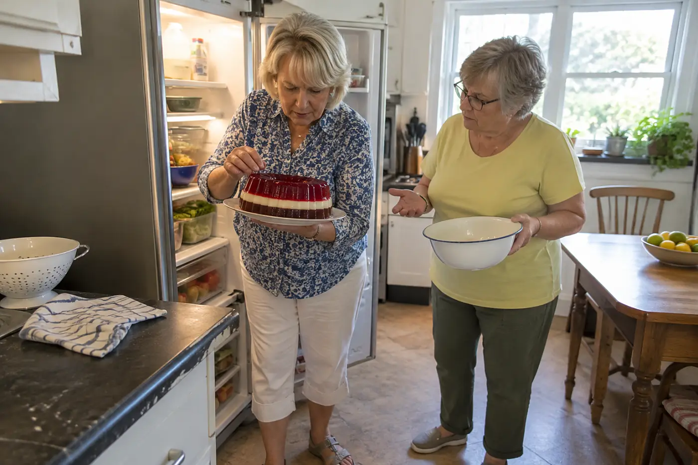 An older woman checks the surface of a striped gelatin mold beside an open refrigerator.